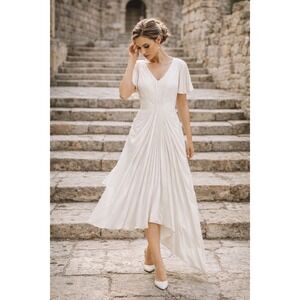 Georgia Hardinge Midi Evening Dress Sz 8 White Pleated Cocktail Date